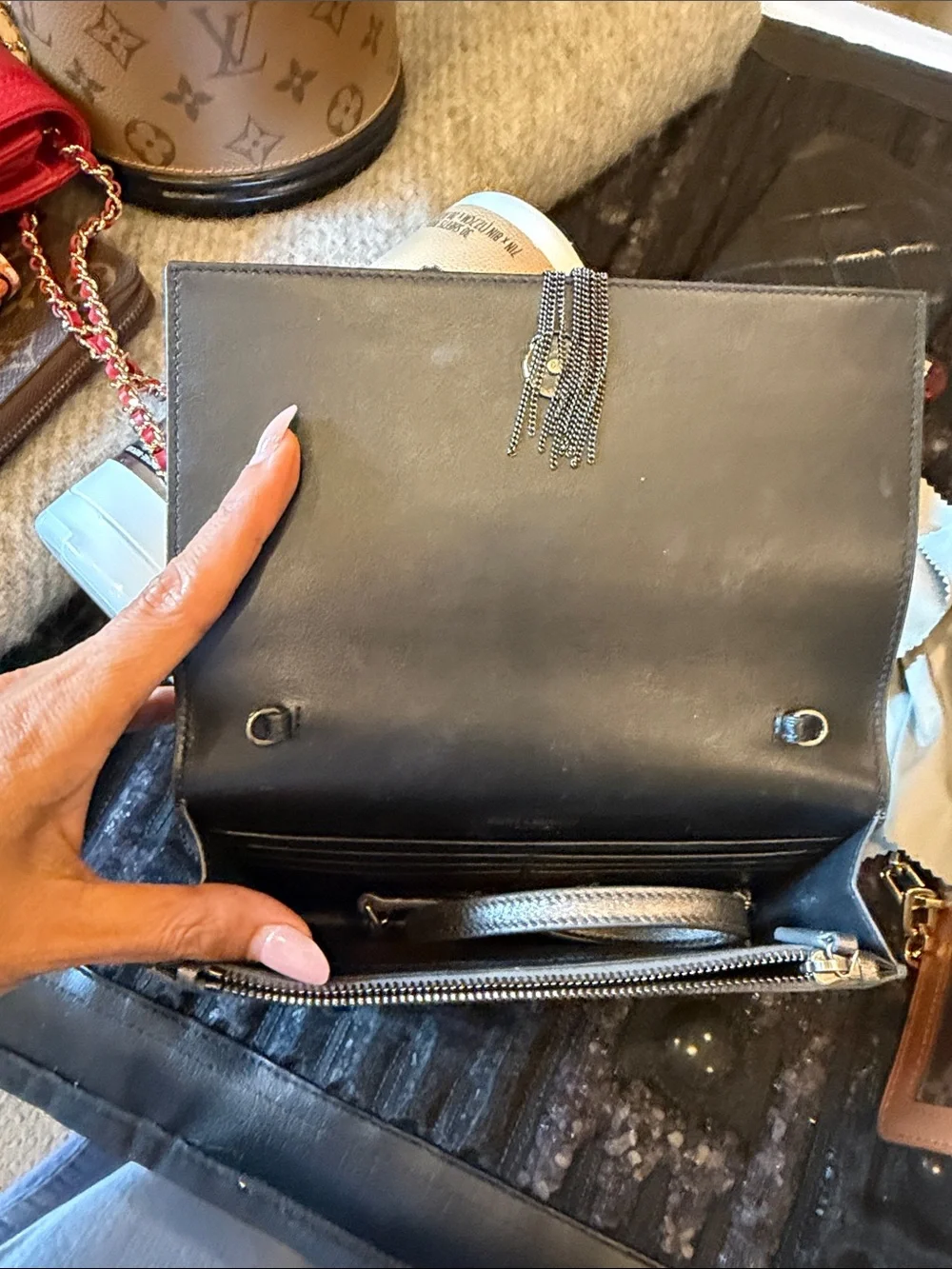 Saint Laurent Metallic Silver Tassel Monogram Clutch
